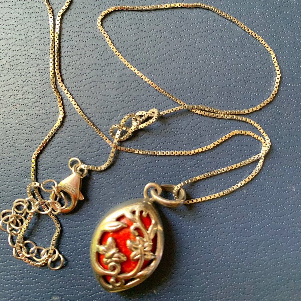 BBJ Signed 925 Sterling Silver Natural Red Mojave Turquoise Oval Pendant Chain